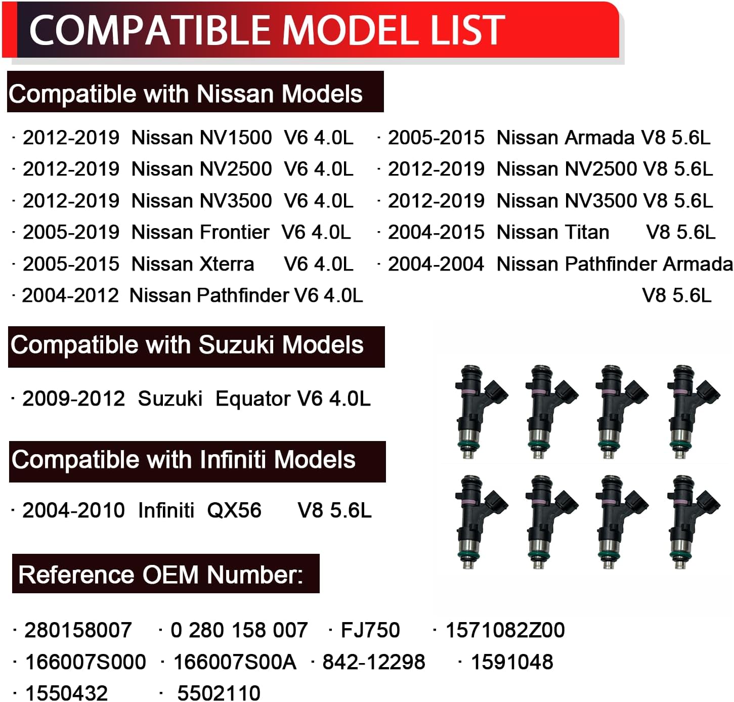 0280158007 Fuel Injectors Compatible with Nissan Titan Armada NV1500 NV2500 NV3500 Pathfinder Xterra Frontier, Infiniti QX56, Suzuki Equator, 4.0L 5.8L, Replace# FJ750 842-12298 (8 PCS)