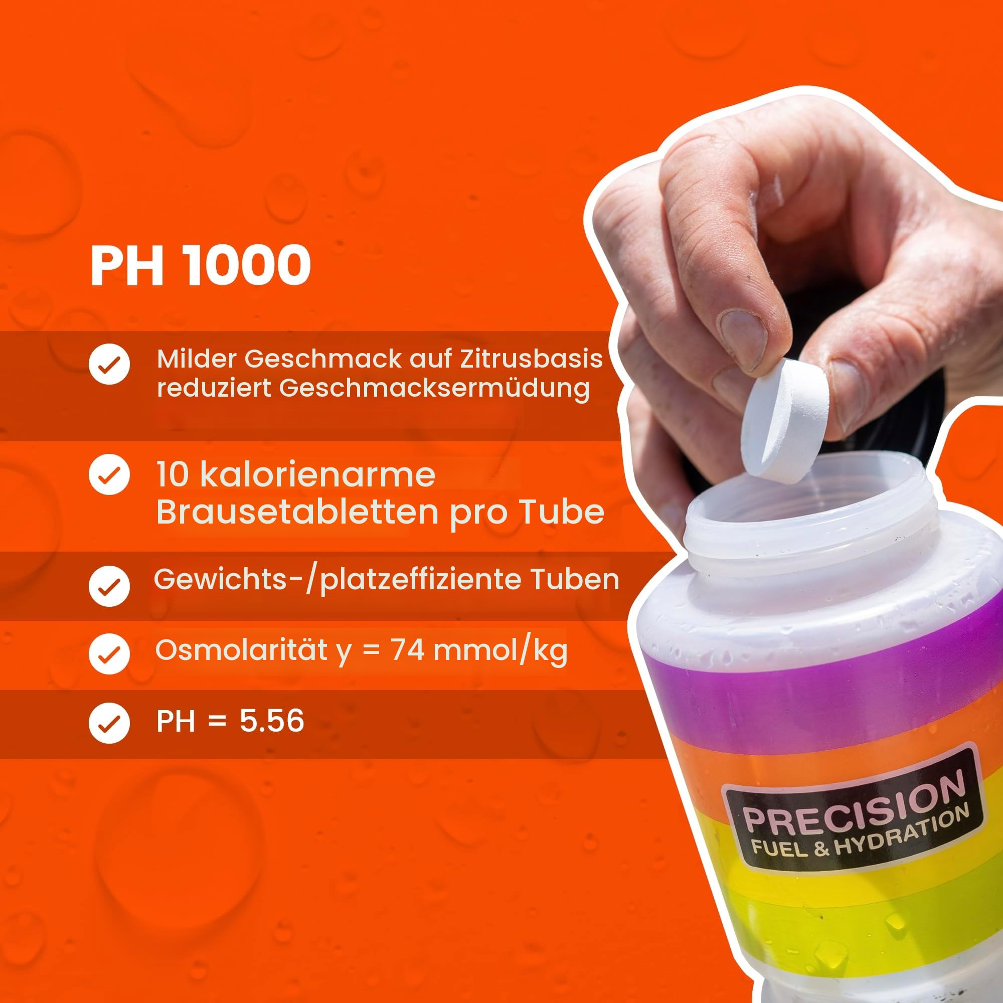 Precision Hydration Elektrolyt-Tabletten - Mehrstufige efferveszierende Hydrationstabletten - Bekämpft Krämpfe - Kalorienarm, glutenfrei, vegetarisch freundlich (1 Tube, 1000 mg/L - Orange Tube)