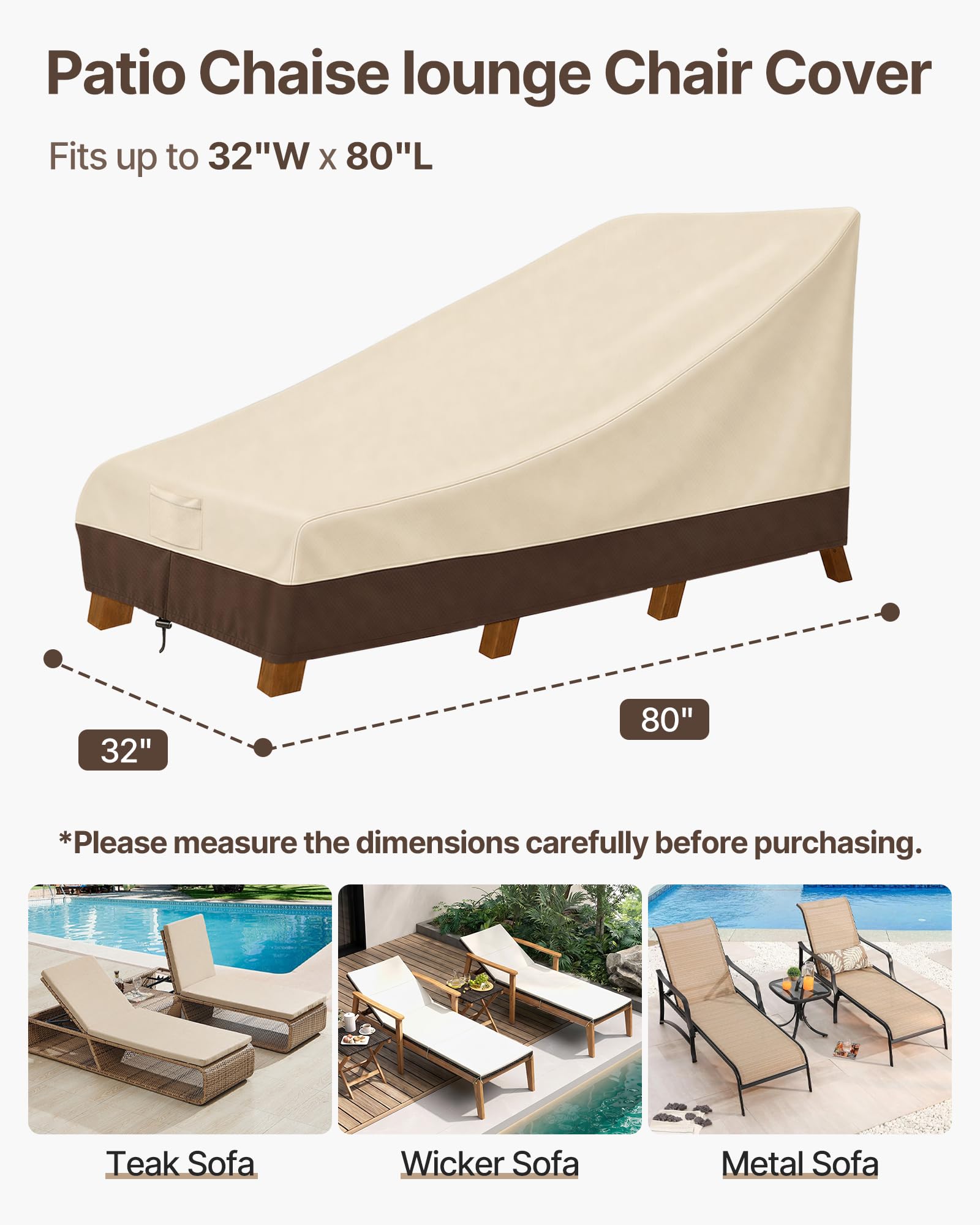 Vailge Copertura impermeabile per chaise longue da patio, 600D, resistente ai raggi UV, 2 pezzi, colore: beige e marrone