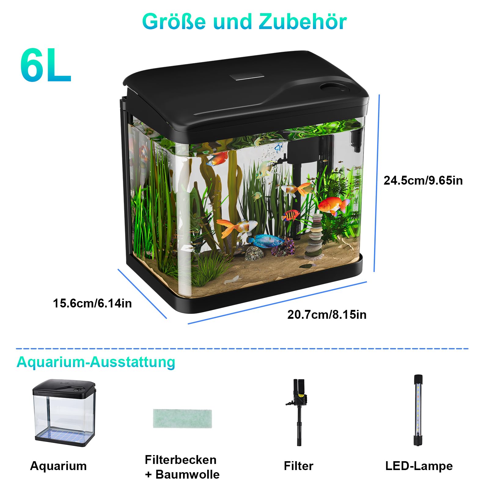 6L Aquarium Set Nano Fischtank Aquarium Mit LED-Leuchten & Filtersystem kleines Aquariums Komplettset Schwarz