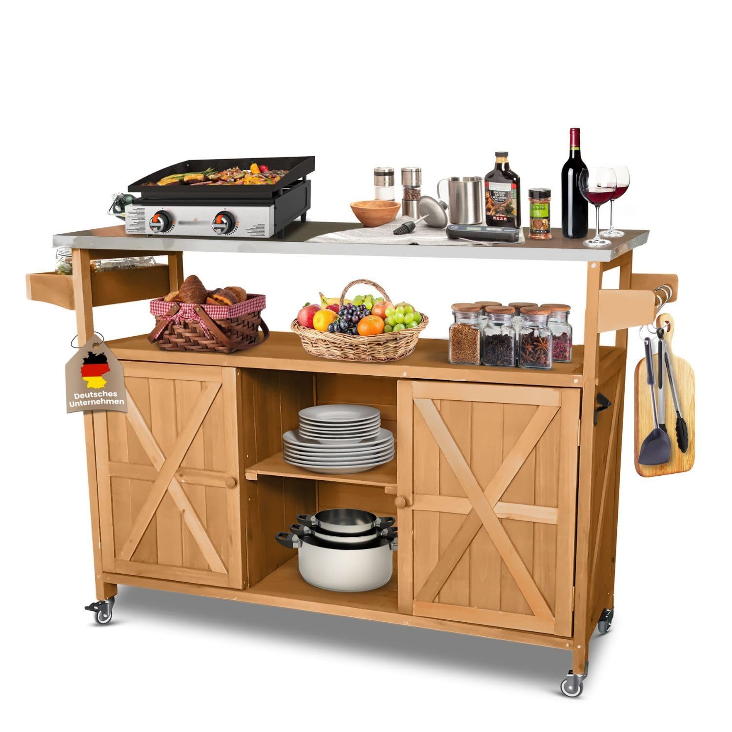 Coemo James - Carrito de cocina con ruedas (madera, tapa de acero inoxidable, isla de cocina con puertas, toallero, armario de cocina, con ruedas, 138 x 47 x 92 cm)