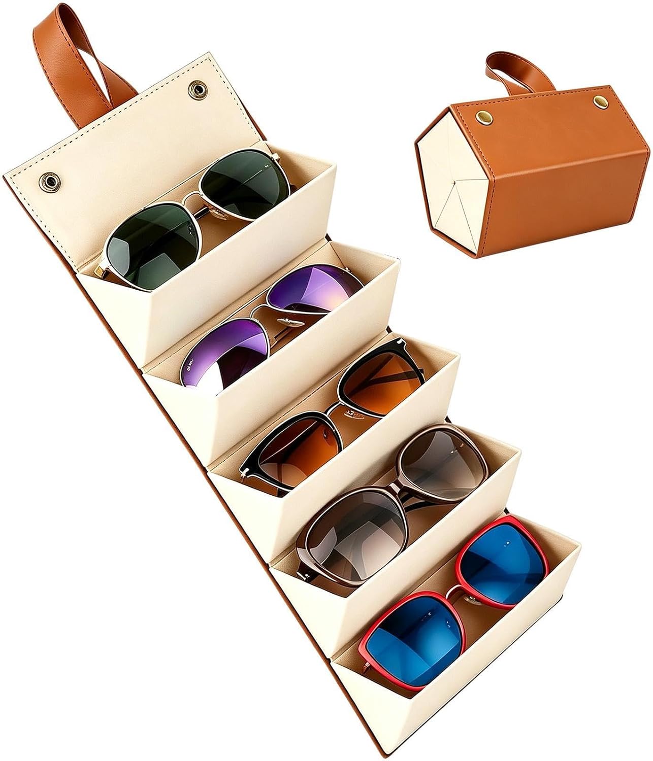 Sunglass Travel Case - 5 Slots Foldable Eyewear Storage Box - Hangable Sunglasses Box | for Travel Vacation Camping Hiking