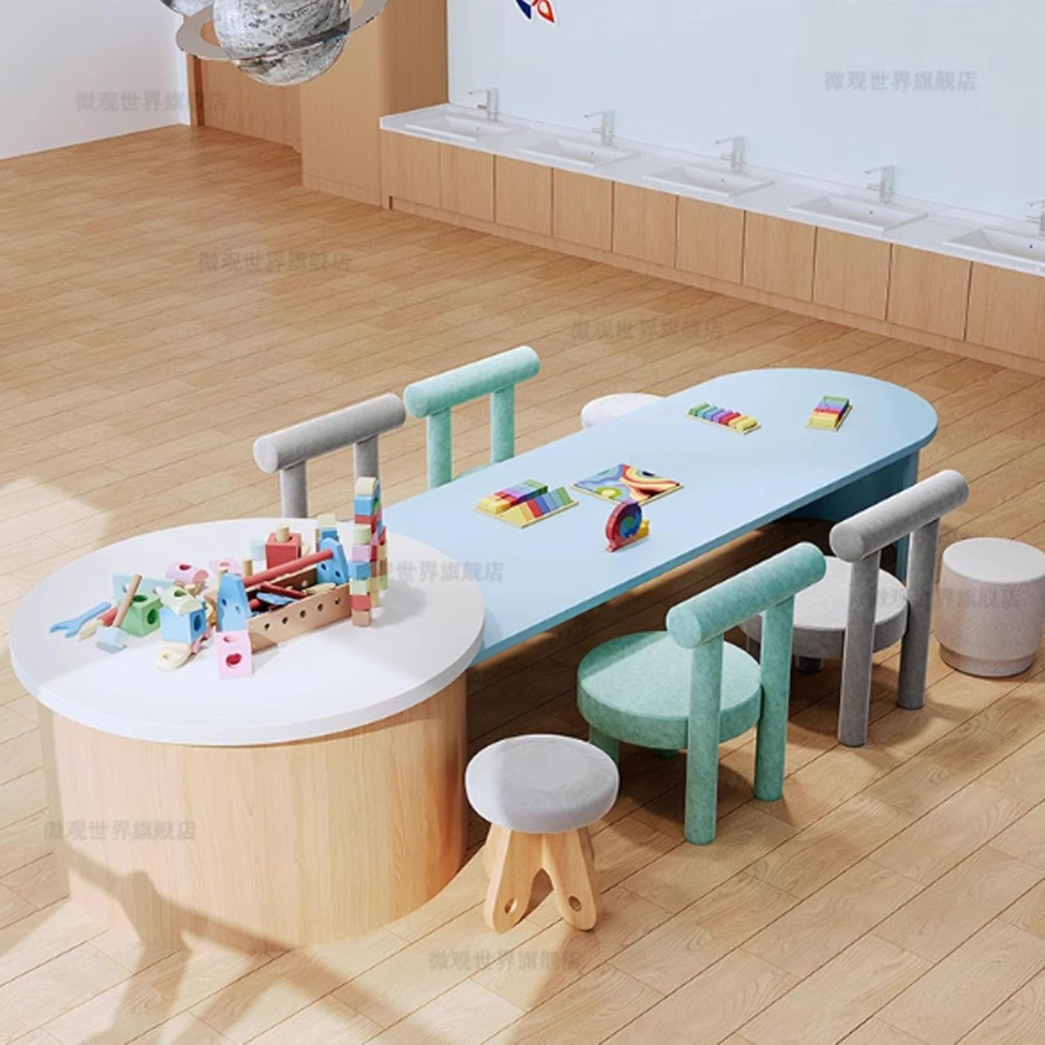 Solid Wood Children's Desks and Chairs Set, Kindergarten Handicraft Painting Area, Open-air Floor Sales Office Reception Early Education Complete Set Combination(Set 1)