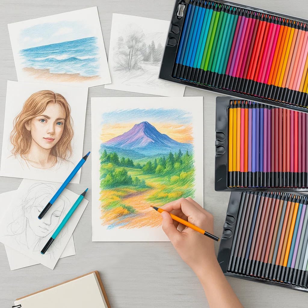 Professional Colored Pencils Set with Sharpener, Black Wood Soft Core, Artist Coloring Pencils for Adult Coloring Books, Drawing, Sketching, Shading & Blending, Gift Box Art Supplies (120 Pcs)