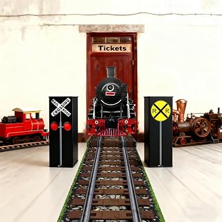 3 Pcs Train Birthday Party Decorations Express Train Backdrop Railroad Aisle Track Runner Traffic Crossing Sign Boxes for Christmas Party Winter School Home Table Floor Wall Decor(Stylish)
