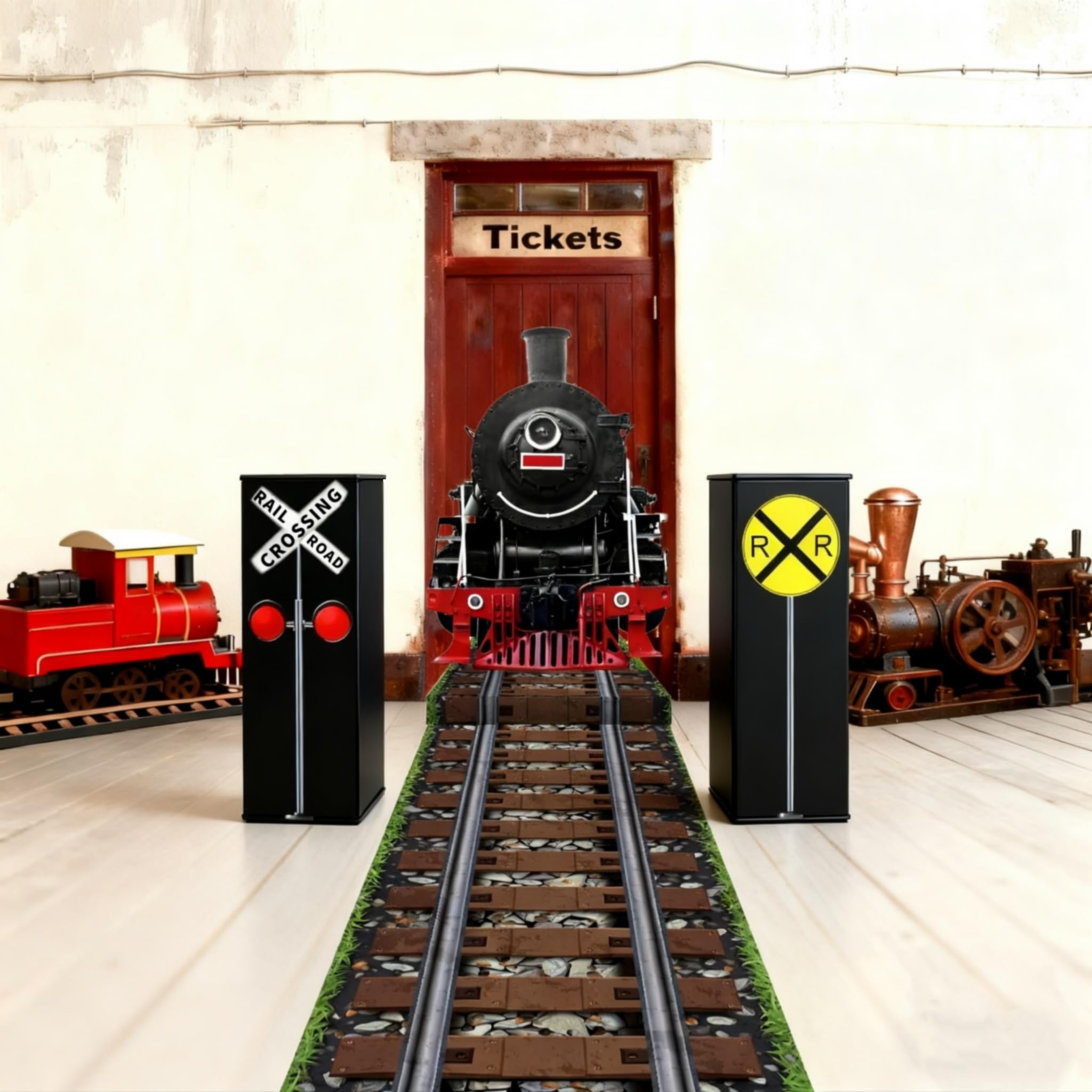 Teenyyou 3 Pcs Winter Train Birthday Party Decorations Express Train Backdrop Railroad Aisle Track Runner Traffic Crossing Sign Boxes for Party School
