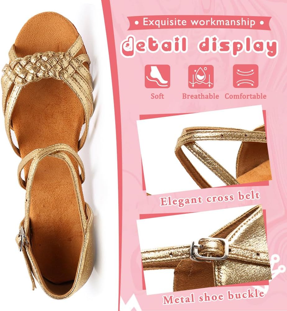 YKXLM Girls Latin Dance Shoes Kids Low Heels Tango Salsa Ballroom Practice Dance Shoes, 1208,Gold, 4.5 M Little Kid