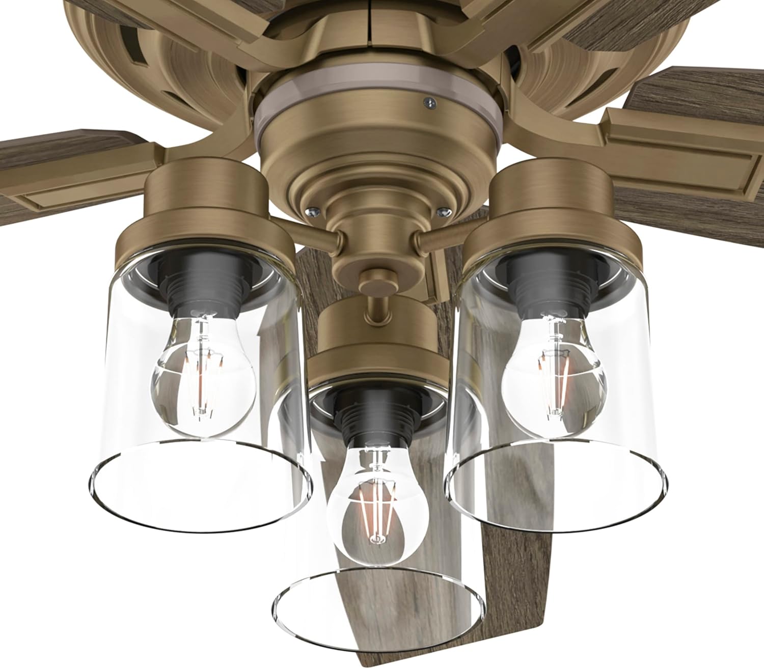 ക്ലോസ് അപ്പ് view of the three clear glass light fixtures and LED bulbs on the Hunter Ananova ceiling fan.