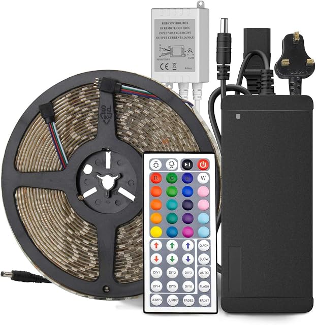 SUPERNIGHT RGB Lighting Kit LED Strips Lights Flexible 5050 smd 10M 600LEDs Waterproof 24v RGB LED Strip for TV Kitchen Home Party Christmas Decoration, 44 Key IR Remote Control + Power Supply Adapter