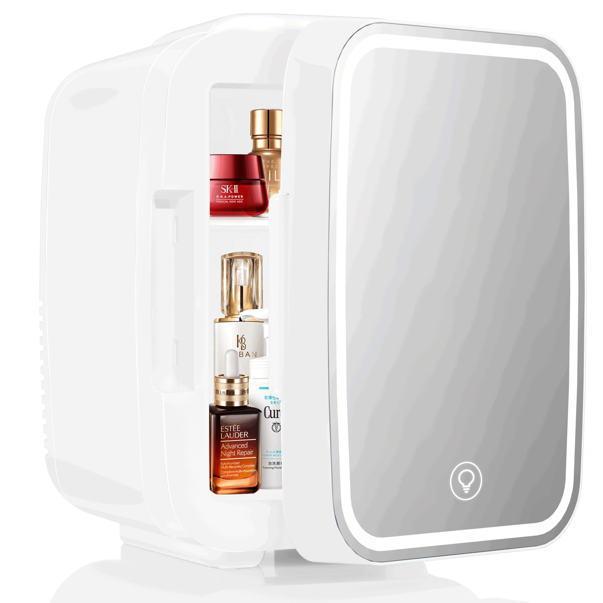 YASHE Mini Nevera para Dormitorio, Skincare Nevera con Espejo LED, Pequeña Nevera de 4L Portátil, Calentador y Enfriador Termoeléctrico 220V AC / 12V DC para Coche, Oficina, Dormitorio (blanca)