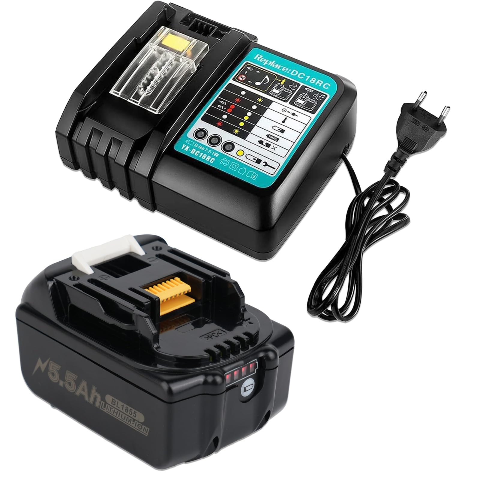 5,5 Ah Batería de repuesto para baterías Makita de 18V con cargador DC18RC Compatible con BL1860, BL1860B, BL1850, BL1850B, BL1840, BL1840B, BL1830, BL1830B, BL1815, BL1825, BL1835, BL1845, 194205-3