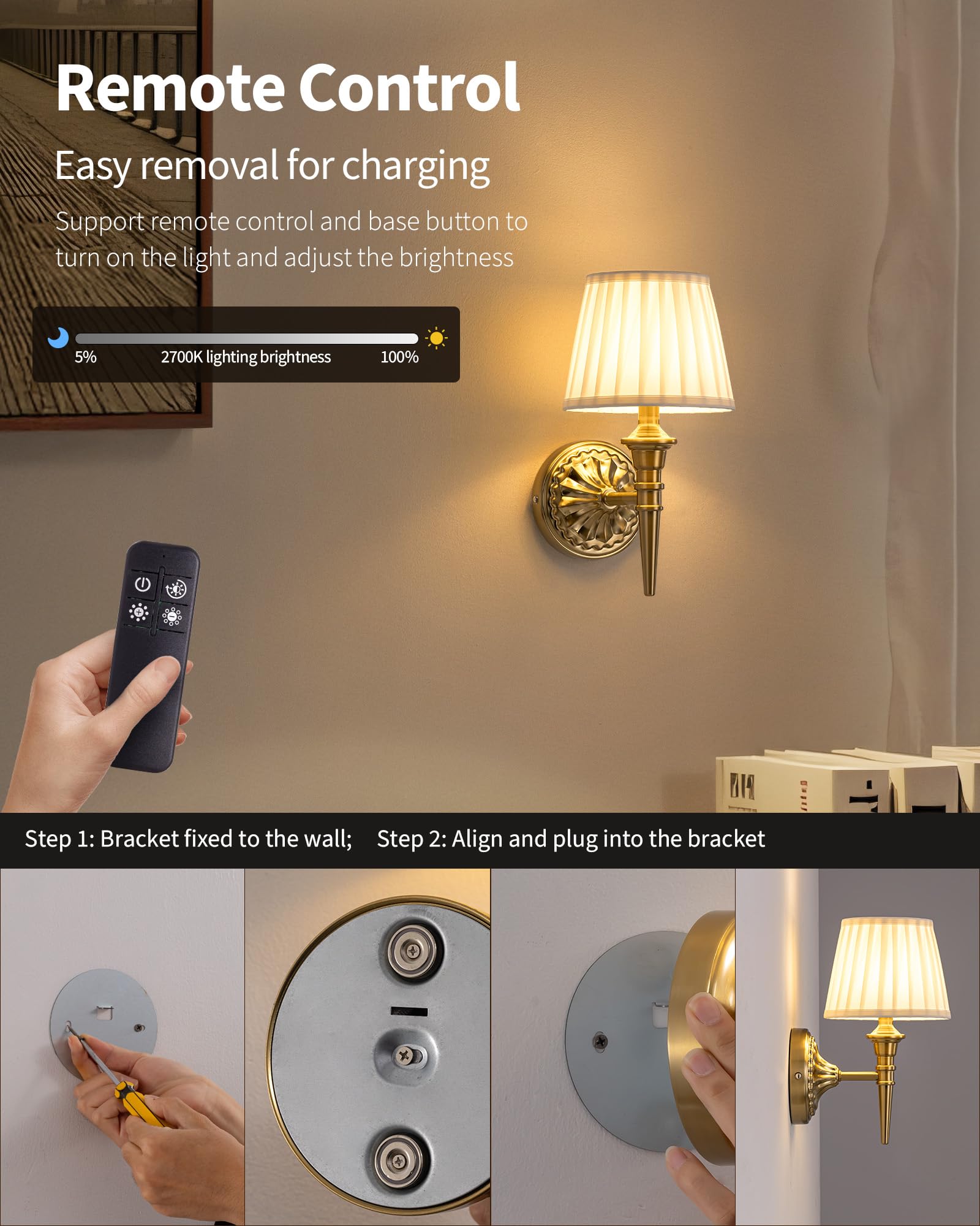 Akku Wandlampe Innen 2 Stück,5200mAh Aufladbar LED Wandleuchte mit Stoffschirm,Dimmbar Wandleuchten für Wandmalerei,Wohnzimmer,Schlafzimmer,Flur,Geschenke,Küche (Gold)