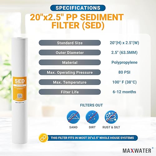 Miniatura 3 de Max Water Slim Blue - Cartucho de repuesto para filtro de agua de sedimentos de polipropileno fundido de 5 micrones, 20 x 2.5 pulgadas, para toda la