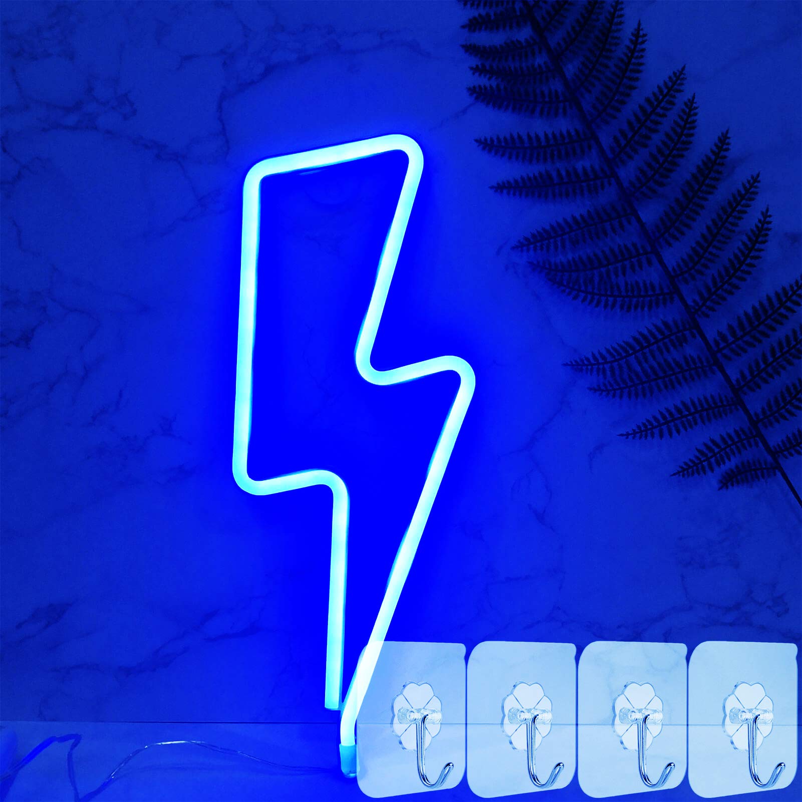 YIVIYAR Lightning Bolt LED Neon Signs Light for Wall Decor Bedroom, Blue Lightning Neon Light Sign Battery/USB Powered LED Neon Wall Sign Night Lamp with 4PCS Hooks for Girl Room Decor(Blue Lightning)