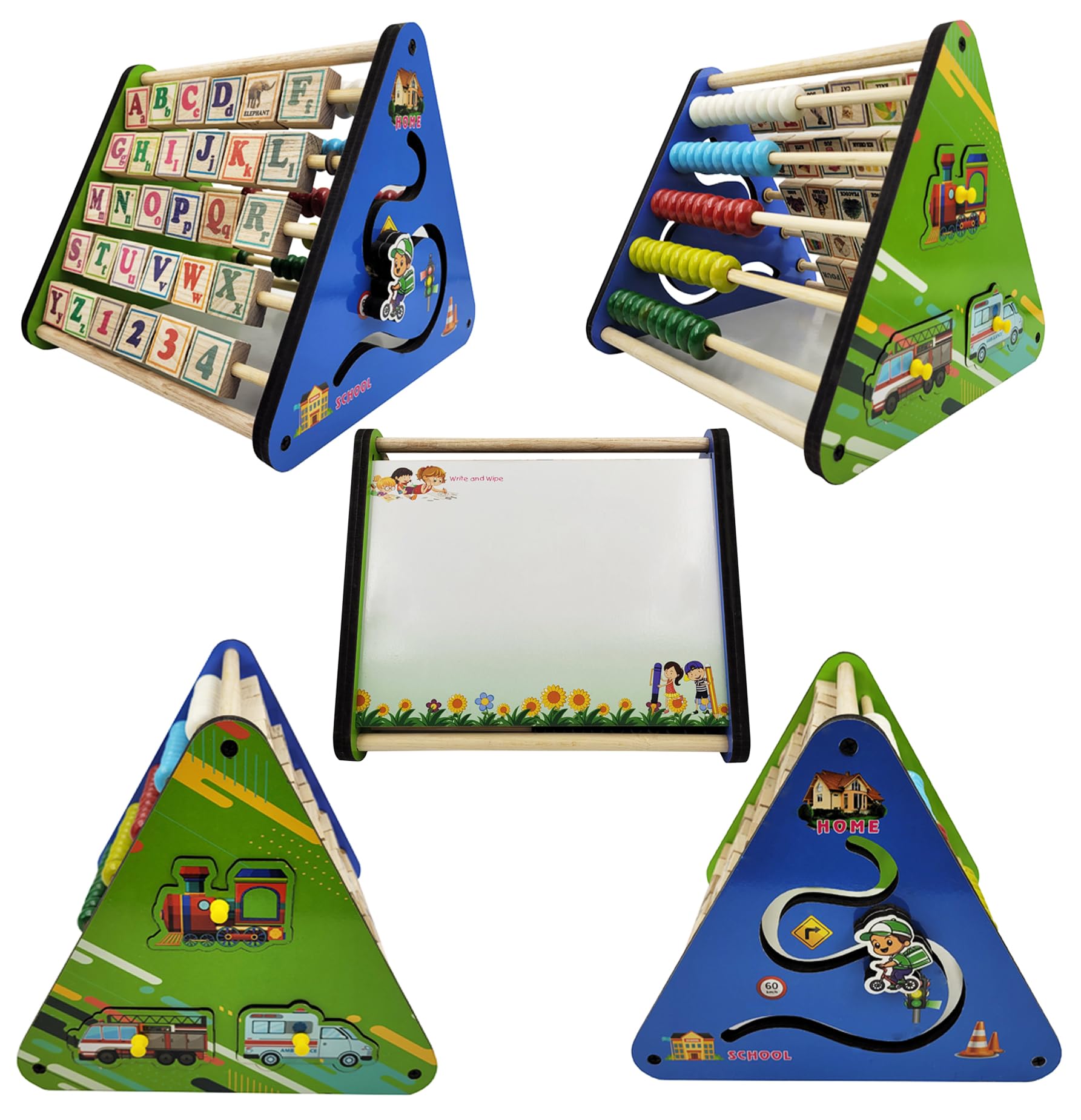 APPSTER 5 in 1 Wooden Triangle Activity | Learn Alphabets, Blocks, Abacus, Counting & Drawing Writing Board, Motor Skills, Wooden Montessori Educational Toy | Learning Toys for 2+ Year Kids