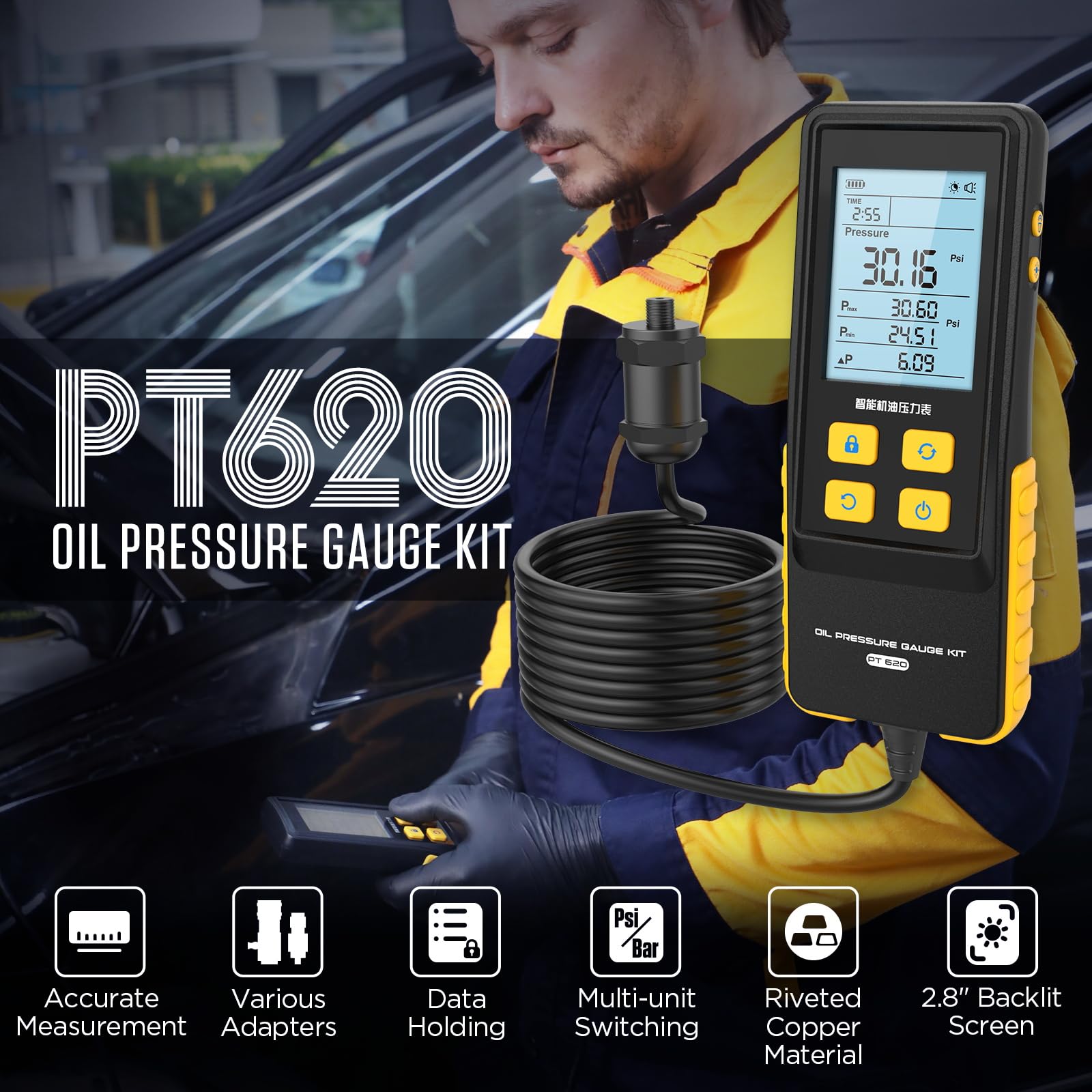 PT620 Digitales Öldruckmessgerät Kit, 0-426,6 PSI Motor-Öldruckprüfer mit 2,8 Zoll beleuchtetem LCD, Mehrfach-Umschaltung, 17 Kupfer-Adapter für Auto LKW Motorrad