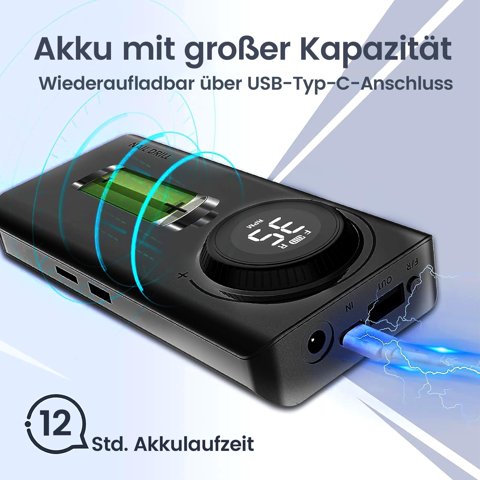 Nagelfräser Akku, Maniküre Set Elektrische Nagelfeile 35000 U/Min, Delanie Nagelfräser Für Gelnägel Acrylgel Nagelhaut Entferner, Pediküre Nageldesign mit LED-Anzeige USB-Aufladung -Schwarz