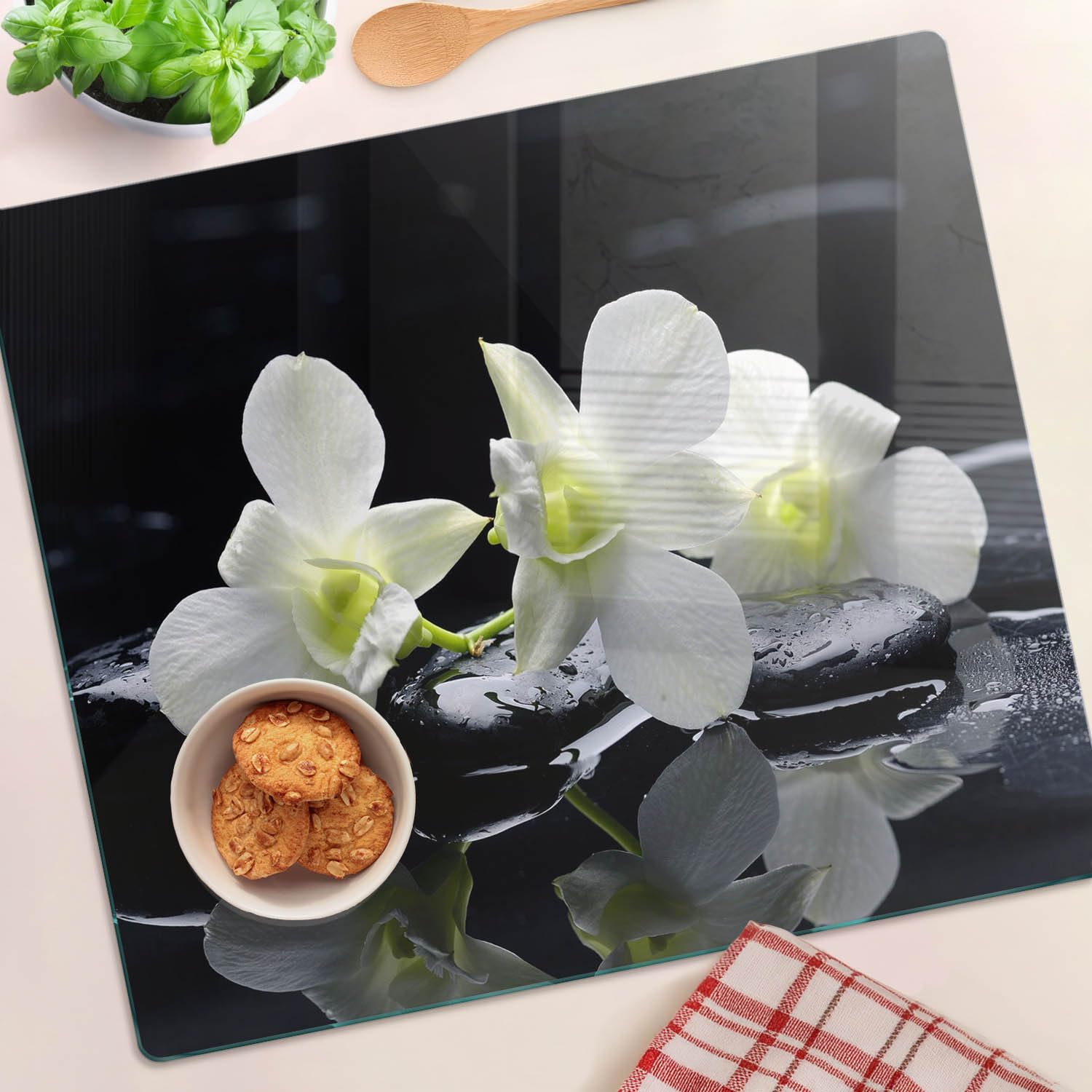 Tabla de Cortar Protector 60x52 cm de Vidrio Templado Resistente Decorativa Higienicas Placa de Corte Patas de Silicona Una Pieza Fina para Encimera de Cocina - Orquídea