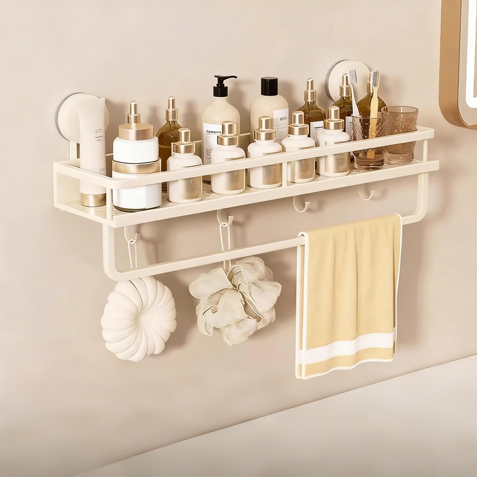 Beige Shower Caddy Suction Cup, Rustproof & Fast Draining Heavy Duty Bathroom Shelves Large Capacity Wall-Mounted Shower Shelves With Hooks, For Kitchen, Bathroom(,With Hook 40Cm)