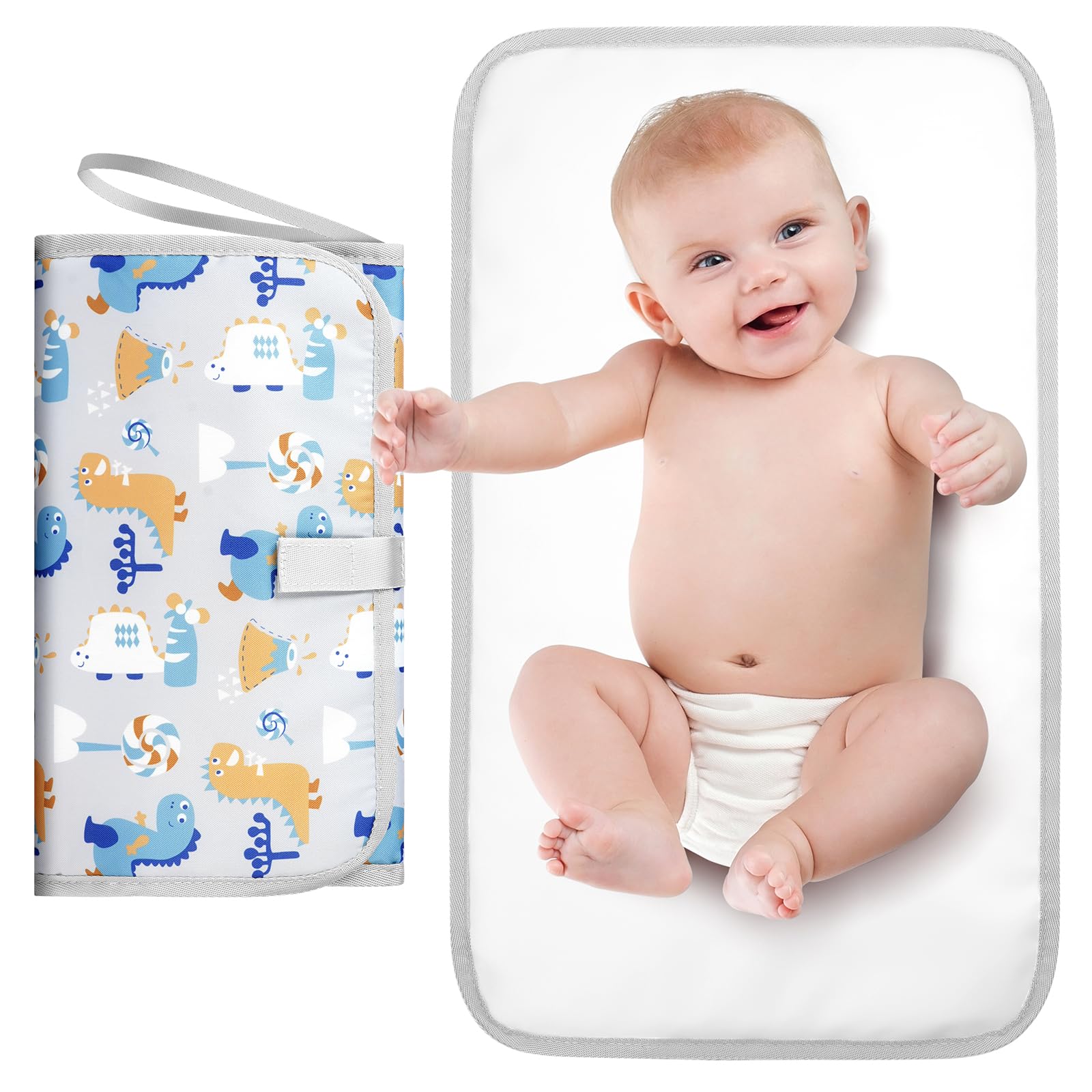 HOTUT Tragbares Wickelunterlage,Faltbar Baby Wickelauflage,Wasserdichte Baby Wickelunterlagen für Unterwegs, Reise-Grau Dinosaurier