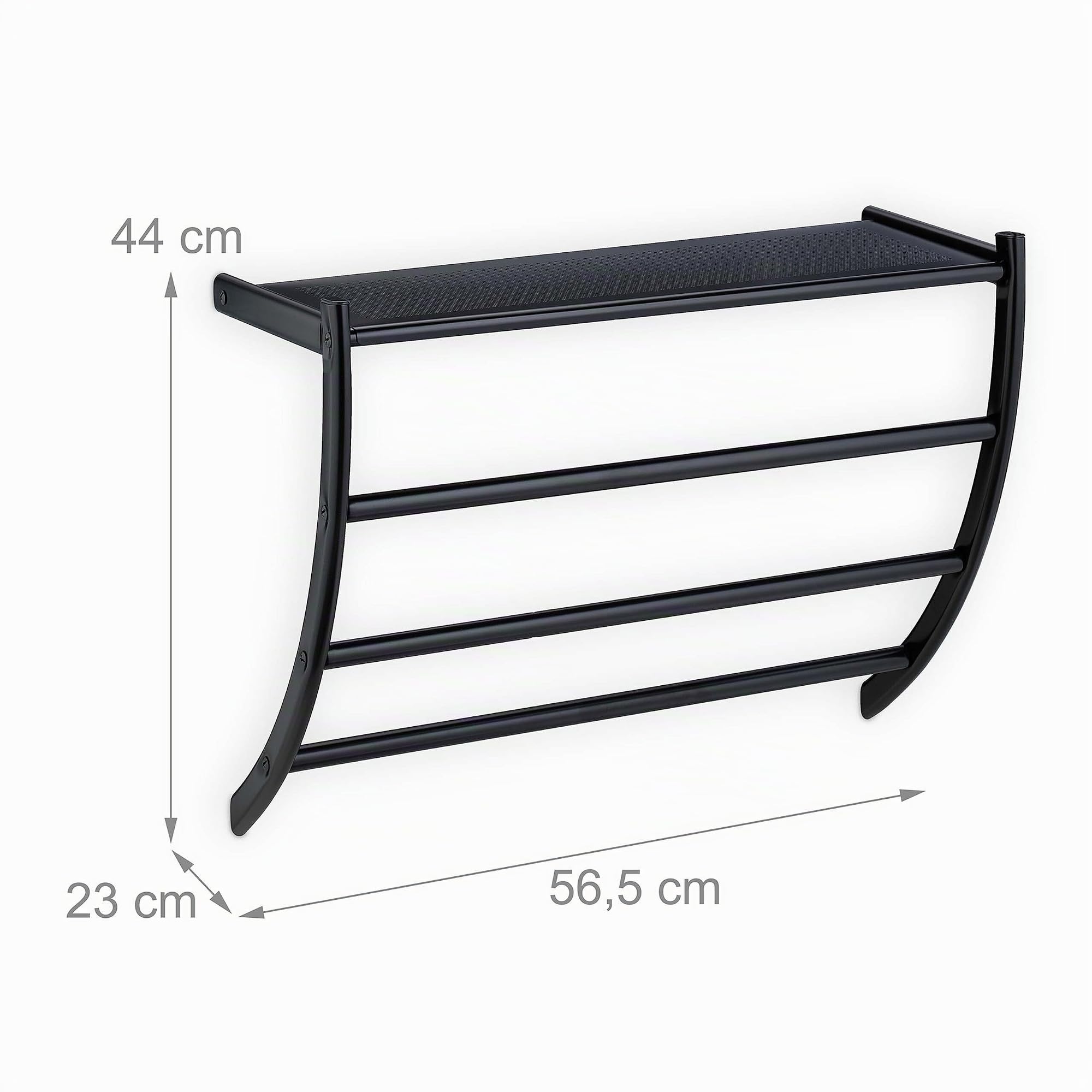 Relaxdays Portasciugamani da Parete, HLP 44 x 56,5 x 23 cm, Mensola da Bagno con 3 Aste per Asciugamani e Ripiano, Nero