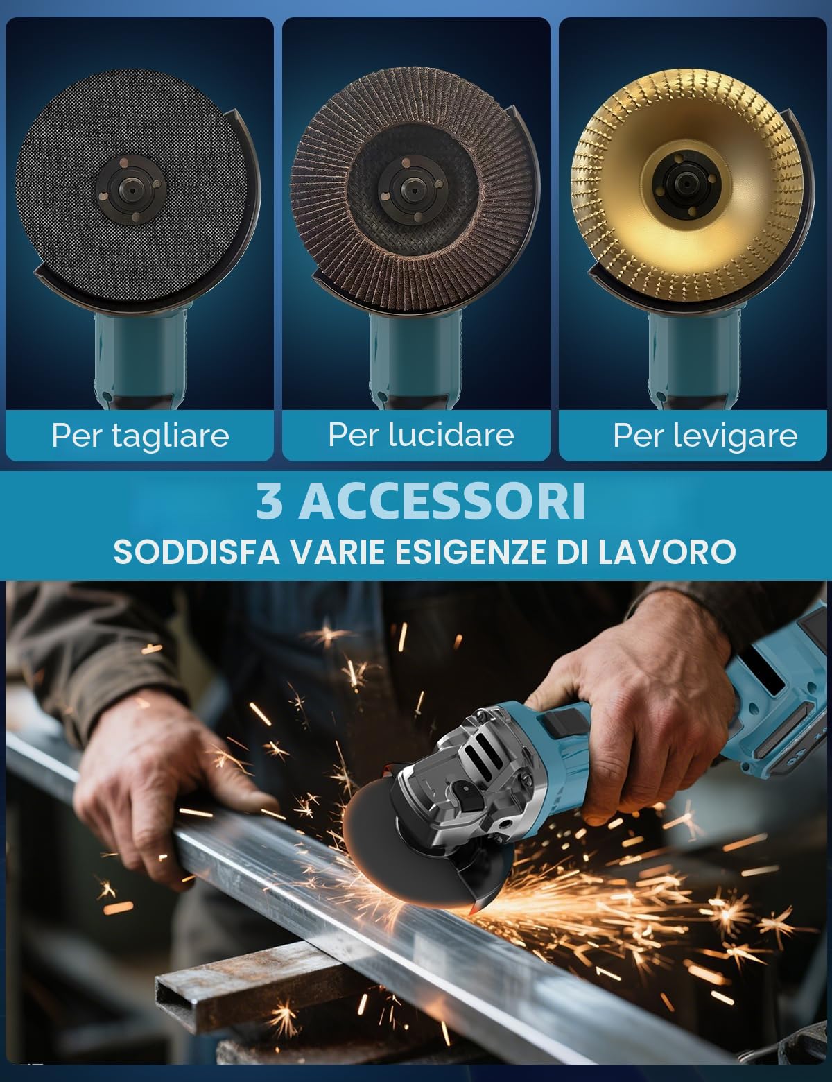 Smerigliatrice angolare a batteria DURFICST DAG310, 125 mm/10.000 giri/min Smerigliatrice a batteria con 2 batterie da 21 V 4,0 Ah, per taglio e levigatura