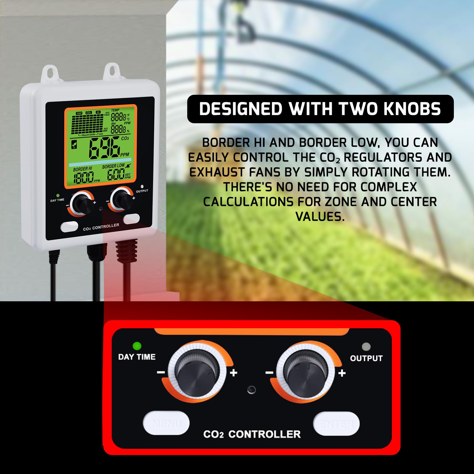 Controller CO2 Controllo Anidride Carbonica Misuratore CO2 Giorno e Notte Sensore NDIR CO2 Funzione di Controllo Doppia con Sensore CO2 a 4.5 metri per Sala di Crescita, Tenda di Crescita, Serra