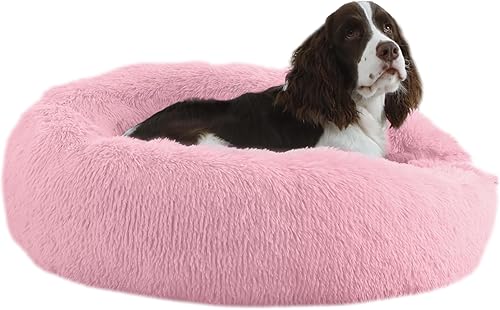 Miniatura 10 de Cama calmante para perros de 23 pulgadas, cama de felpa antiansiedad en forma de dona para perros pequeños, cálida, suave, linda, redonda, lavable,