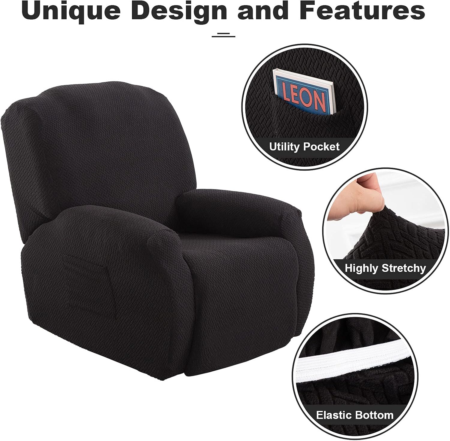 Recliner Sofa Slipcover, 4-Pieces High Stretch Reclining Chair Cover, Machine Washable Spandex Jacquard Recliner Chair Covers, Non-Slip Reclining Slipcovers Furniture Protector for Kids Pet (Black)