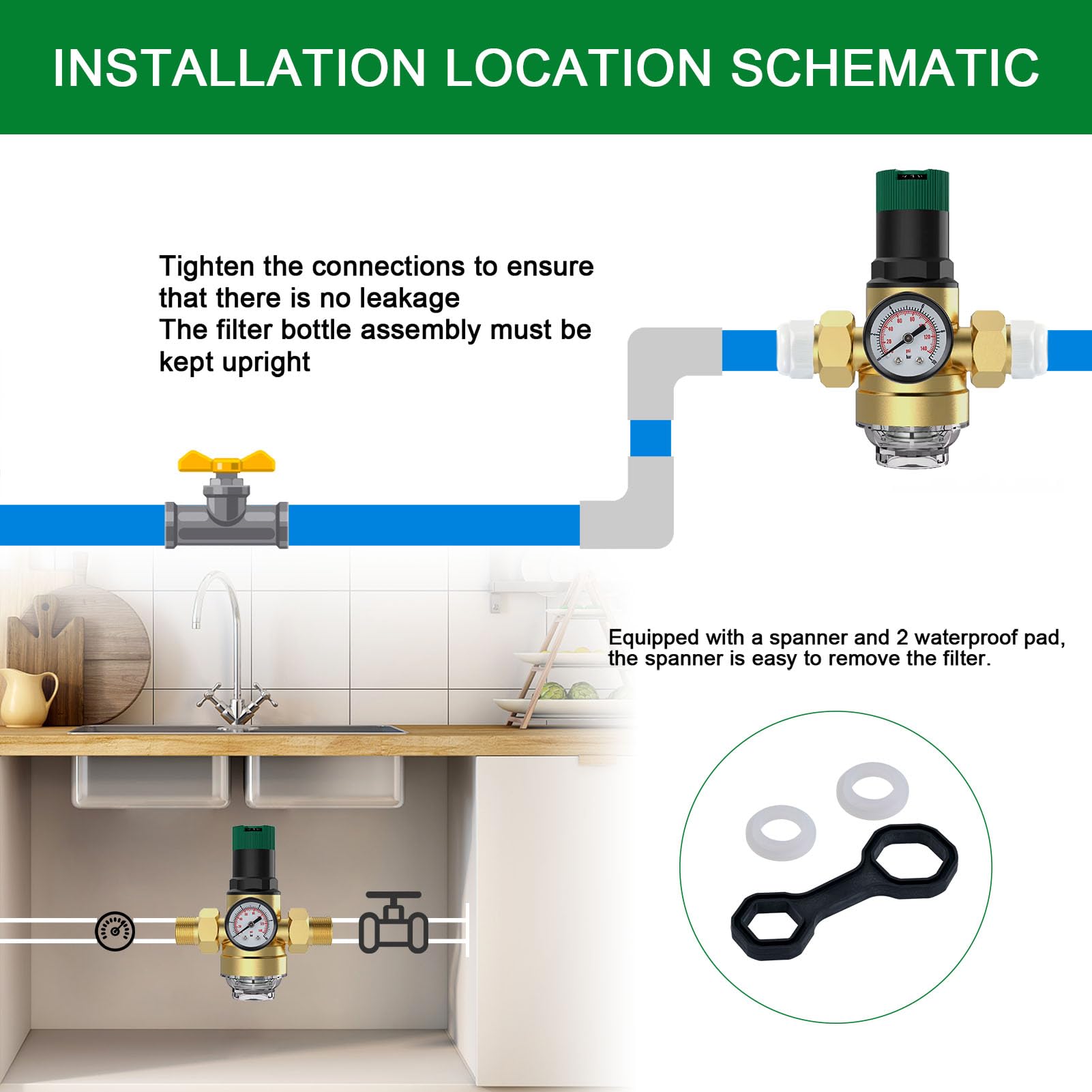 Druckminderer Wasser 1 Zoll, Druckregler Wasser mit Manometer und Siebfilter, Messing Wasserdruckminderer mit Verschraubungen, Sicher und Langlebig