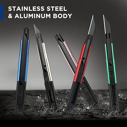 Miniatura 9 de WORKPRO Cuchillo utilitario de alta calidad, hoja retráctil a presión, juego de cortador de caja de aluminio resistente, cuchillos de afeitar Exacto