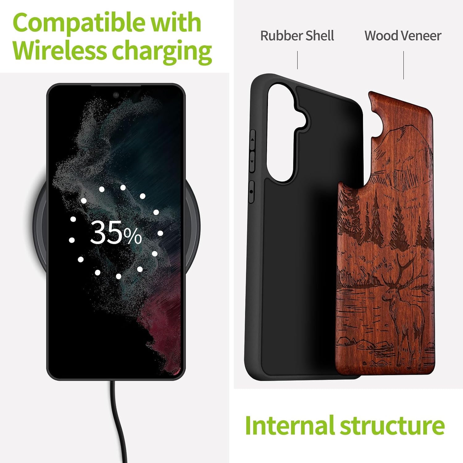 Carveit Wood Case for Galaxy S24 Case [Natural Wood & Black Soft TPU] Shockproof Protective Cover Unique Wooden Design Compatible with Samsung S24 (Mountains and Deer-Rosy)