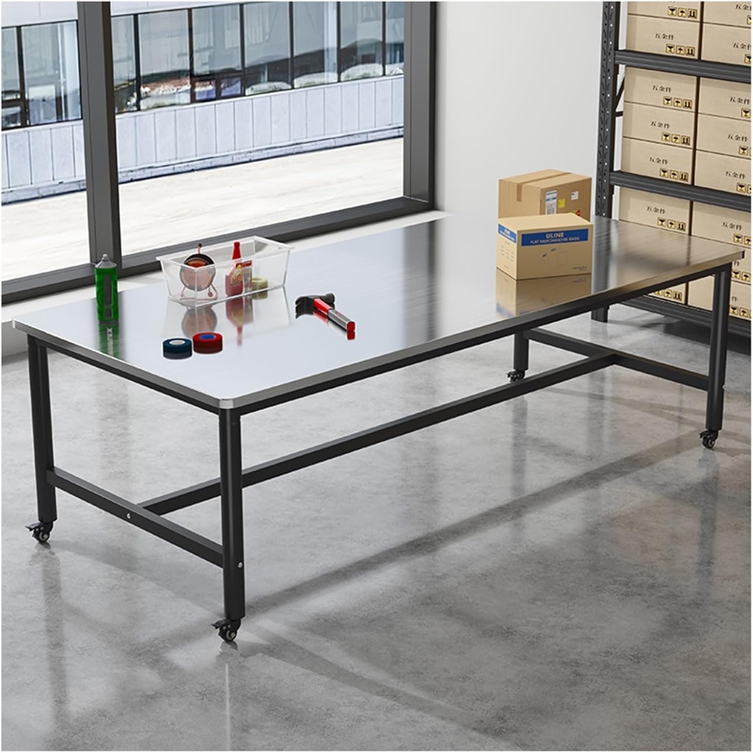 Stainless Steel Table with Swivel Casters Kitchen Work Tables Single Tier Reinforced Crossbeams Upgraded Materials-Resistant Rounded Corners Legs High Load Capacitility