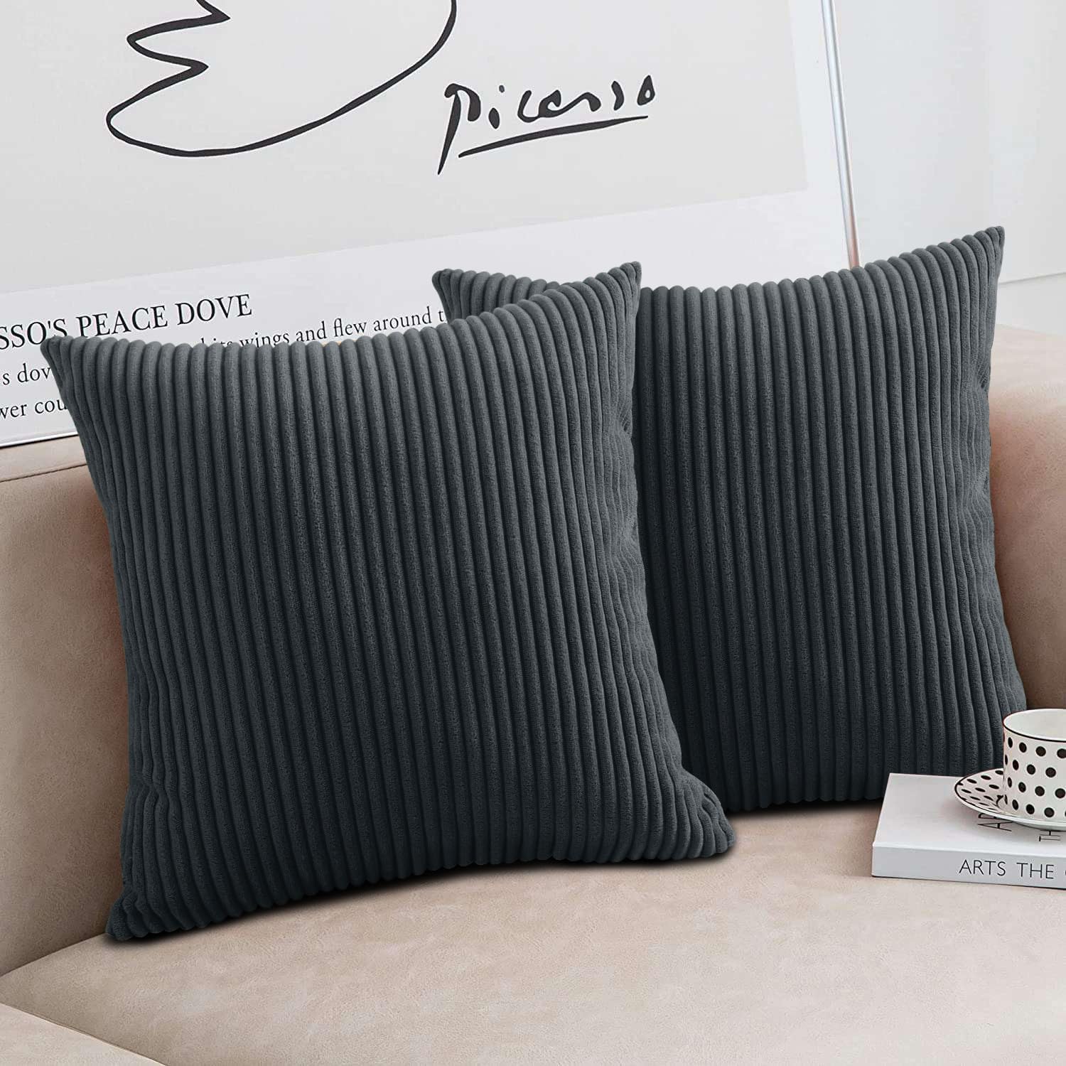 Moonlight Bedding Grey Corduroy Cushions With Covers Included Pack Of 2 (2 Covers, 2 Inserts) 45 X 45 Cm Decorative Stripe Throw Pillow Cases With Invisible Zipper For Living Room Bed Sofa