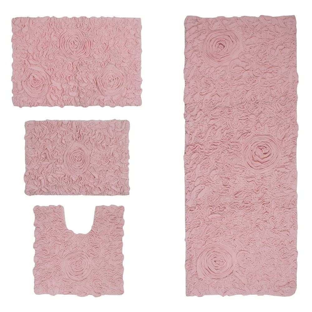 Functional Durable Blush Pink Cotton Bathroom Rugs Sets 4 Piece with Pretty Floral Tufted Pattern On Solid Background
