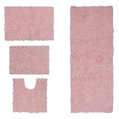 Functional Durable Blush Pink Cotton Bathroom Rugs Sets 4 Piece with Pretty Floral Tufted Pattern On Solid Background