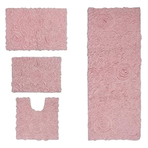 Functional Durable Blush Pink Cotton Bathroom Rugs Sets 4 Piece with Pretty Floral Tufted Pattern On Solid Background