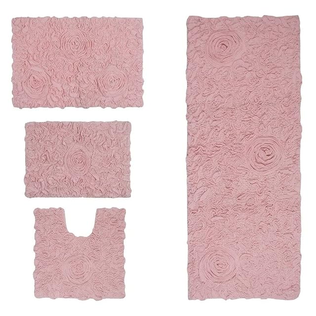 Functional Durable Blush Pink Cotton Bathroom Rugs Sets 4 Piece with Pretty Floral Tufted Pattern On Solid Background