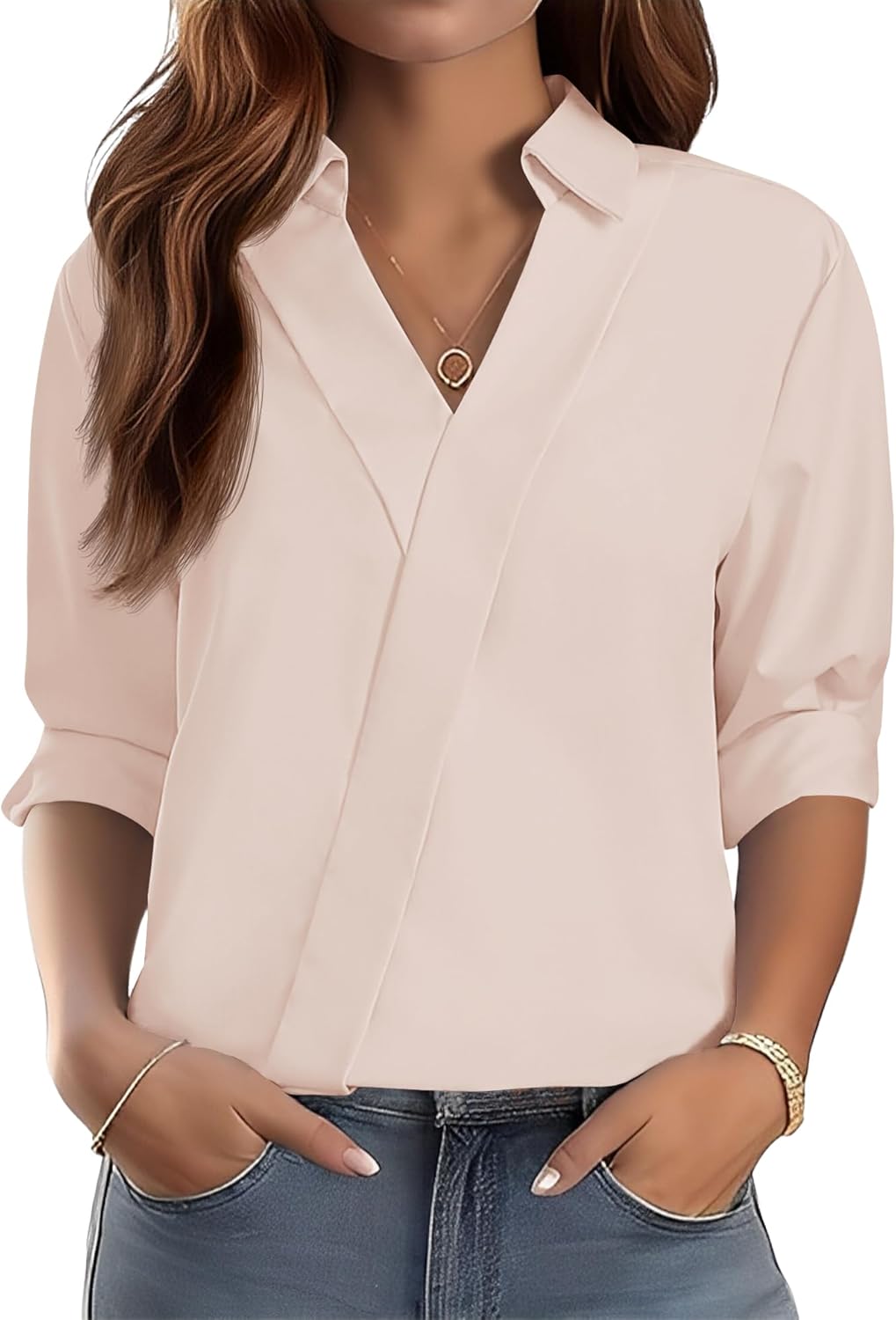 LOMON 3/4 Length Sleeve Womens Tops Dressy V Neck Collared Shirts Trendy Business Casual Work Blouses Vacation Outfits 2026