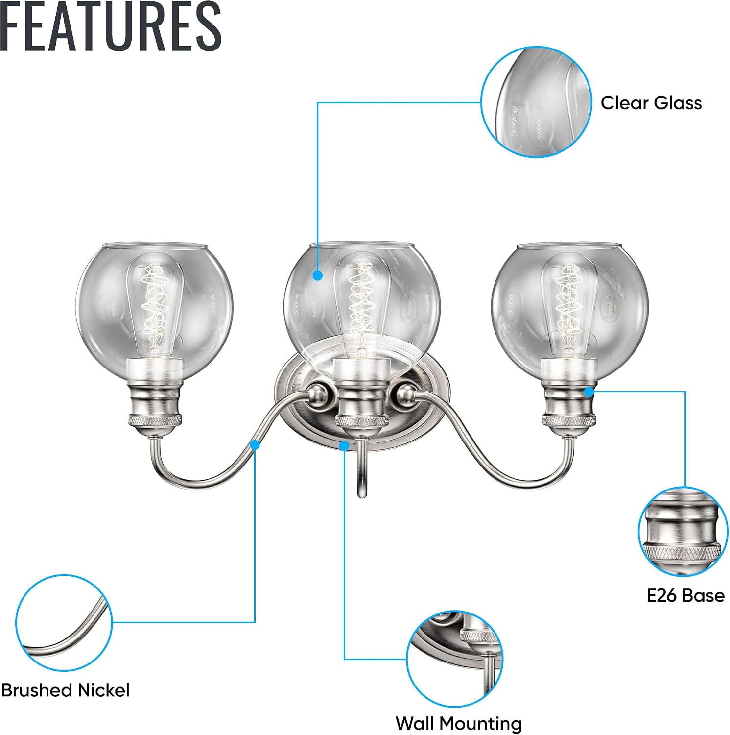 LEDMyplace 3-Lights Bathroom Vanity Light Over Mirror, Modern Wall Lights for Bedroom, Hallway, Brushed Nickel Finish Clear Glass Shade Indoor Decorative Wall Lamp, E26 Base, Bulb Not Included