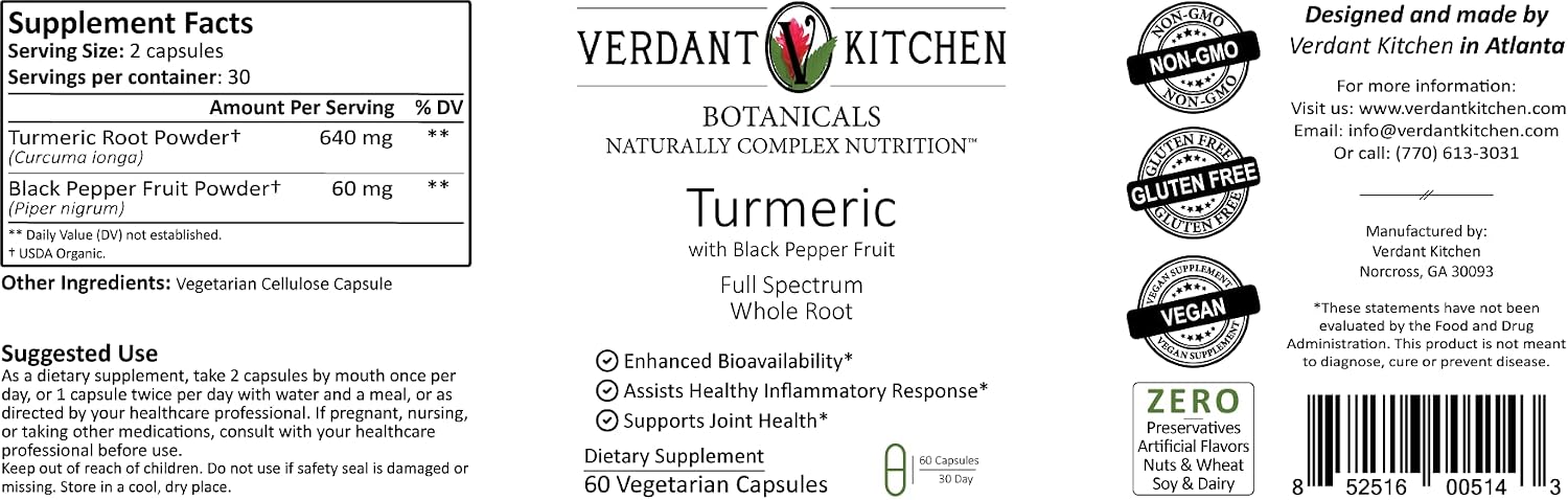 VERDANT KITCHEN Turmeric and Black Pepper, Pure Whole Root, Raw Processed, Bioavailability Enhanced, Zero Fillers, Vegan, USA Made, 60 x 350 mg