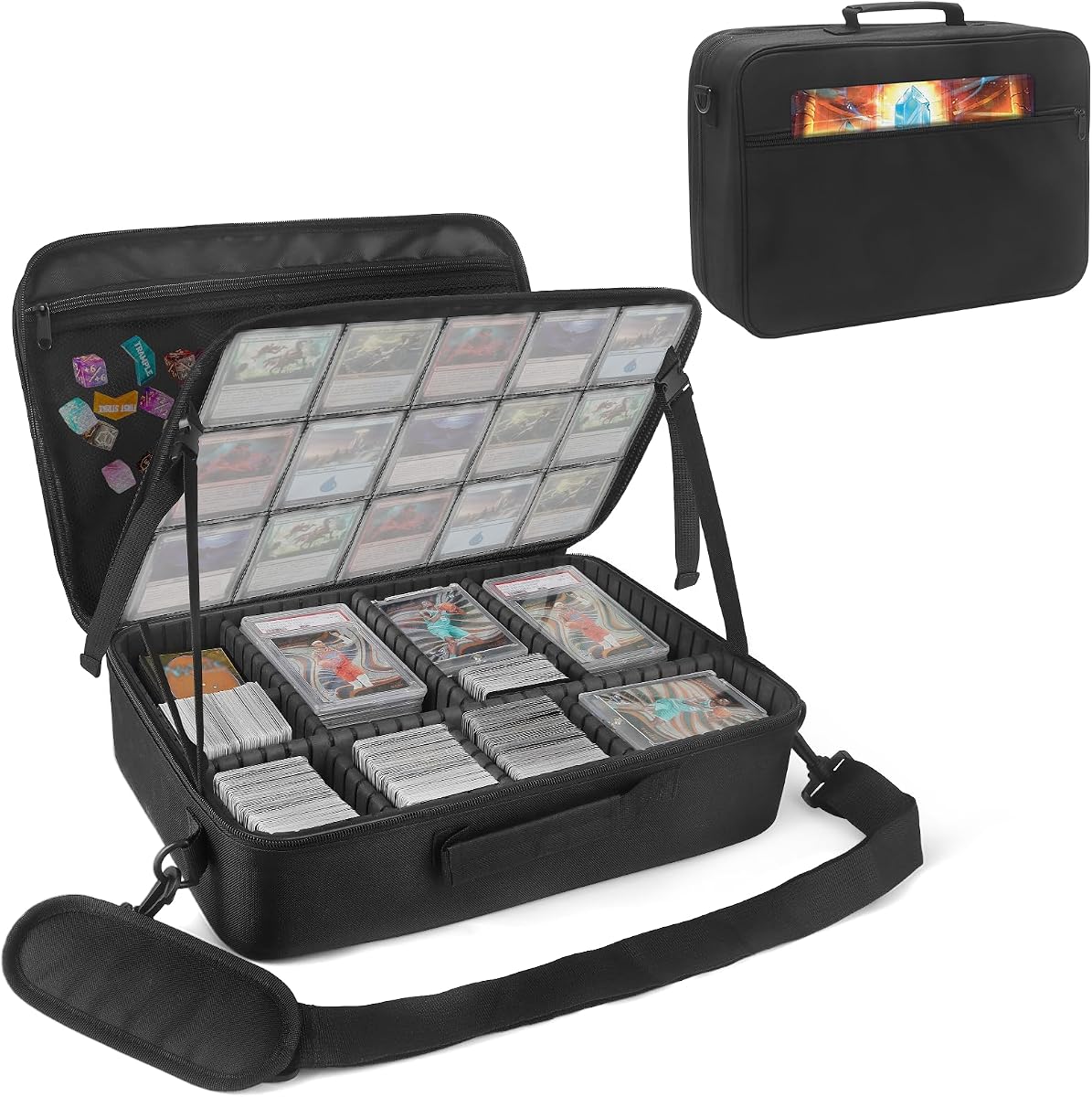 Card Deck Storage Bag for 2000+ Cards,3-Layer MTG Bag Card Storage Box with 10 Customizable Partitions & Adjustable Shoulder Strap,Trading Card Case Fits for MTG,YuGiOh,TCG,Magic,Sports Cards - Black