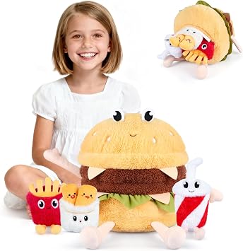 SuzziPals 4-in-1 Hamburger Plush Toys with Baby Plushies, 4pcs Set Stuffed Animals Surprise Inside, Soft & Squishy Cheeseburger Plushies Decor, Cuddly Stuffed Toys Gift for Kids & Adults