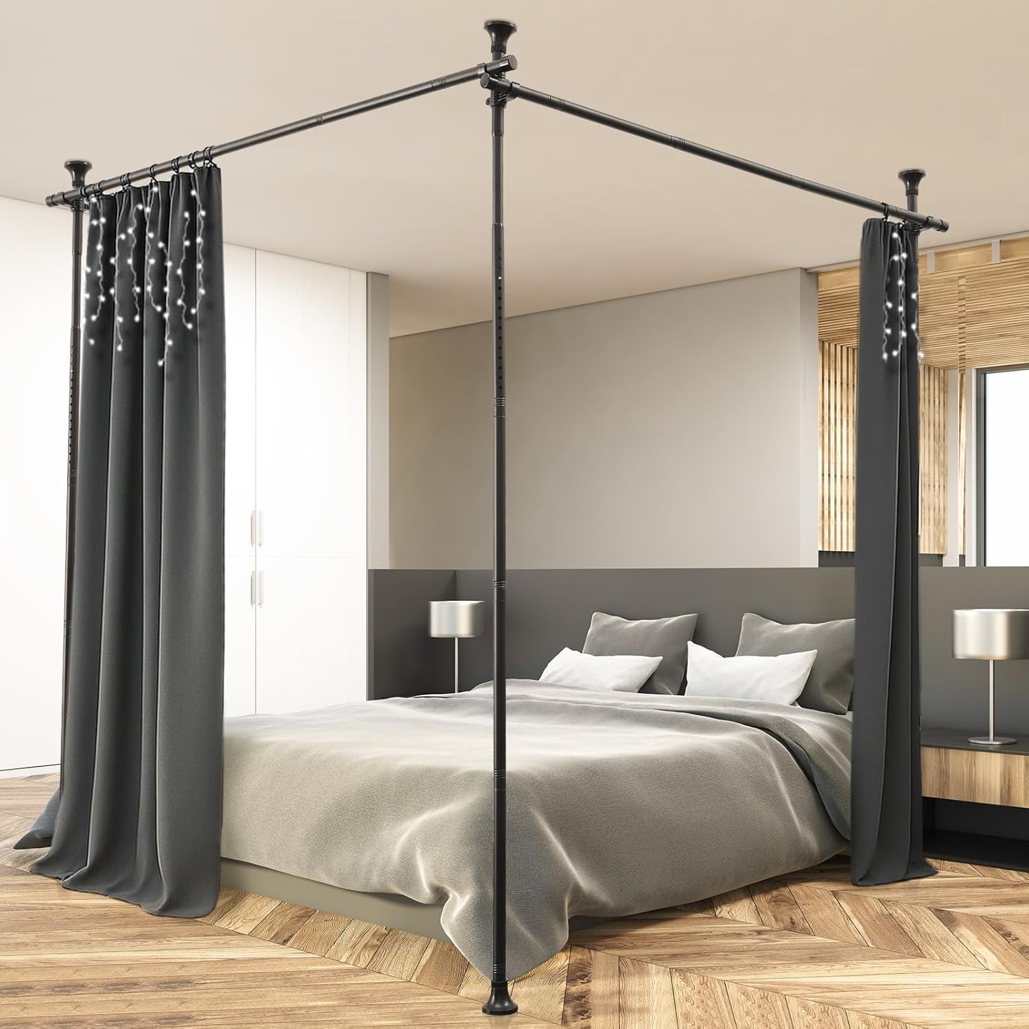 Drill-Free Room Divider Curtain Rod - Adjustable 4-10ft (H) 28-114inch(W) Inch No Damage Tension Pole, Heavy Duty 1" Rustproof Metal Curtain Rods for Privacy & Home Office, Black