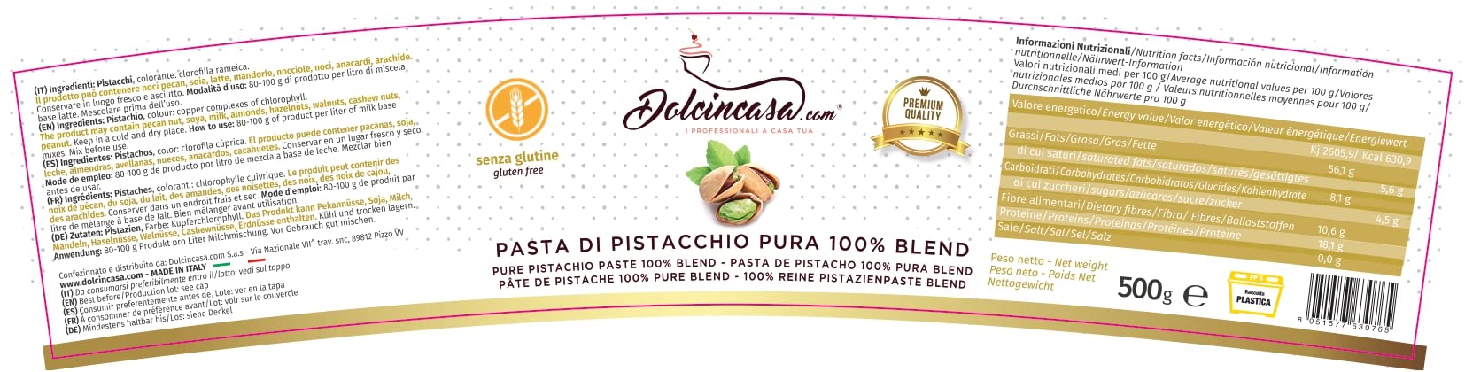Dolcincasa-Pasta di Pistacchio Puro 100% al Naturale Senza Glutine per Creme e Gelati 500g