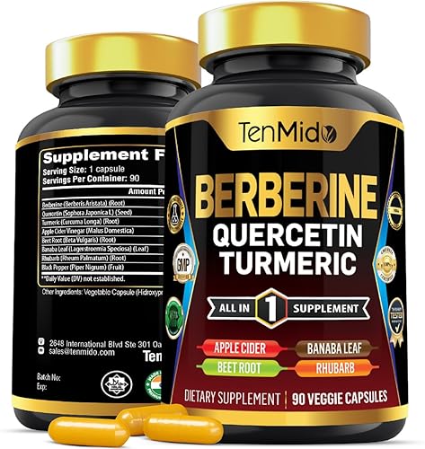 Suplemento de berberina para hombres y mujeres, fórmula 8 en 1 con quercetina, cúrcuma, vinagre de sidra de manzana, raíz de remolacha y más -