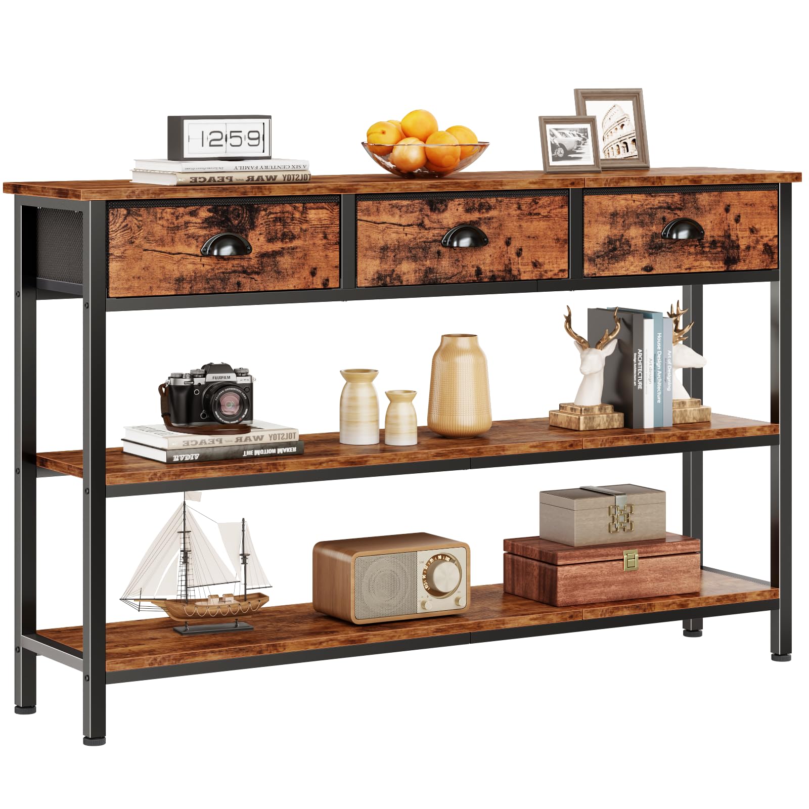 Furologee Nightstand with 2 Fabric Drawers, End Table with Open Wood Shelf, Side Sofa Table with 2 Hooks for Bedroom/Living Room/Study/Halway/Rustic