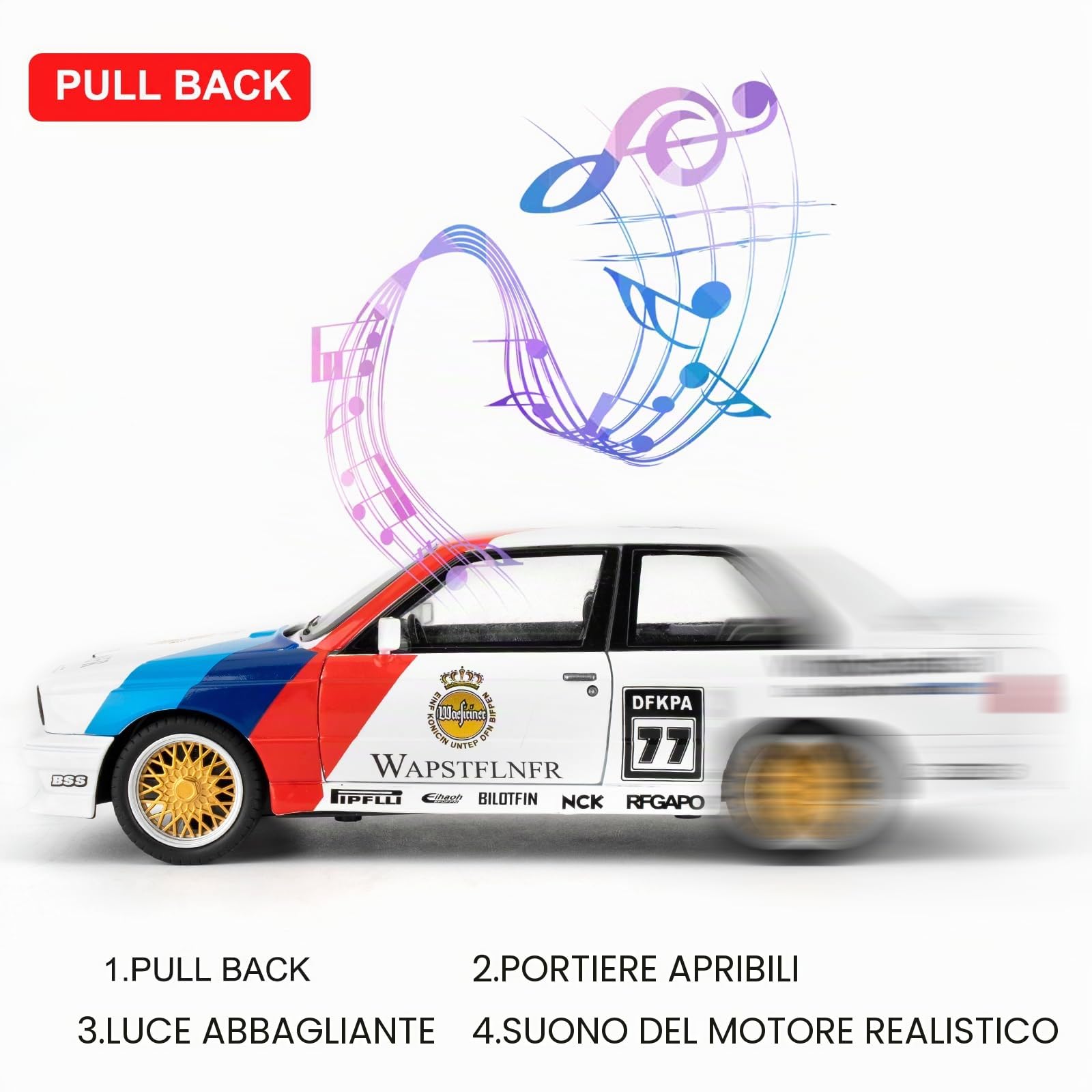 imtfzct Modellino auto 1/24 M3 in versione laccata, auto giocattolo in alluminio pressofuso con funzione audio e luce e funzione pull-back, modello da collezione, regalo per bambini (bianco)