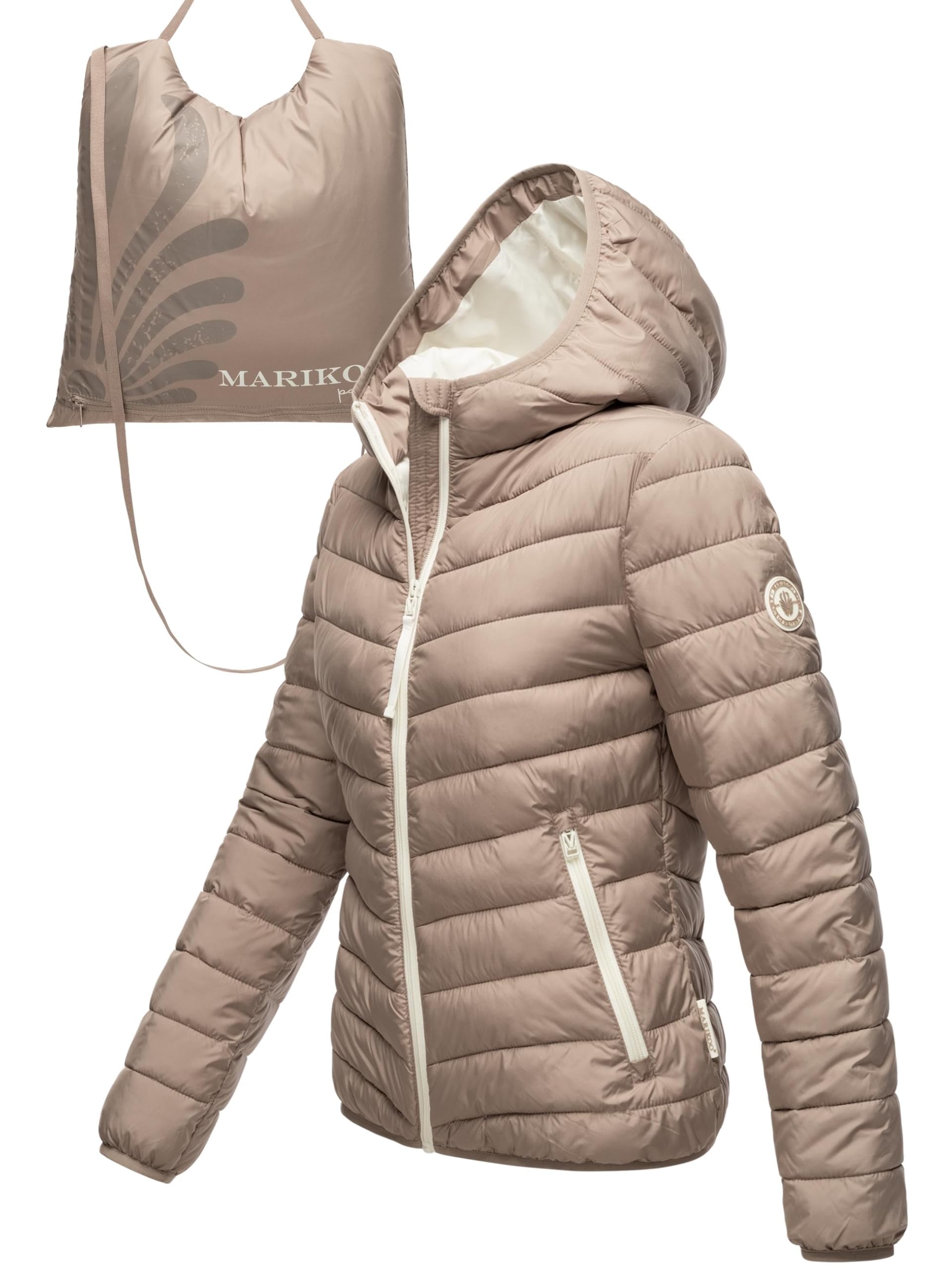 MARIKOO Damen leichte Übergangsjacke Kurze Steppjacke mit innen eingenähter Tragetasche zum einfachen Verstauen und praktischem Umhängen der Jacke Pack Mich EIN Taupe Grey Gr. 3XL