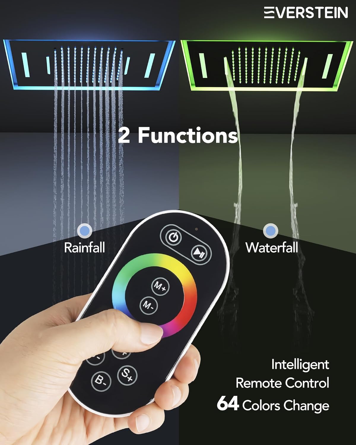 LED shower head with remote control showing color options